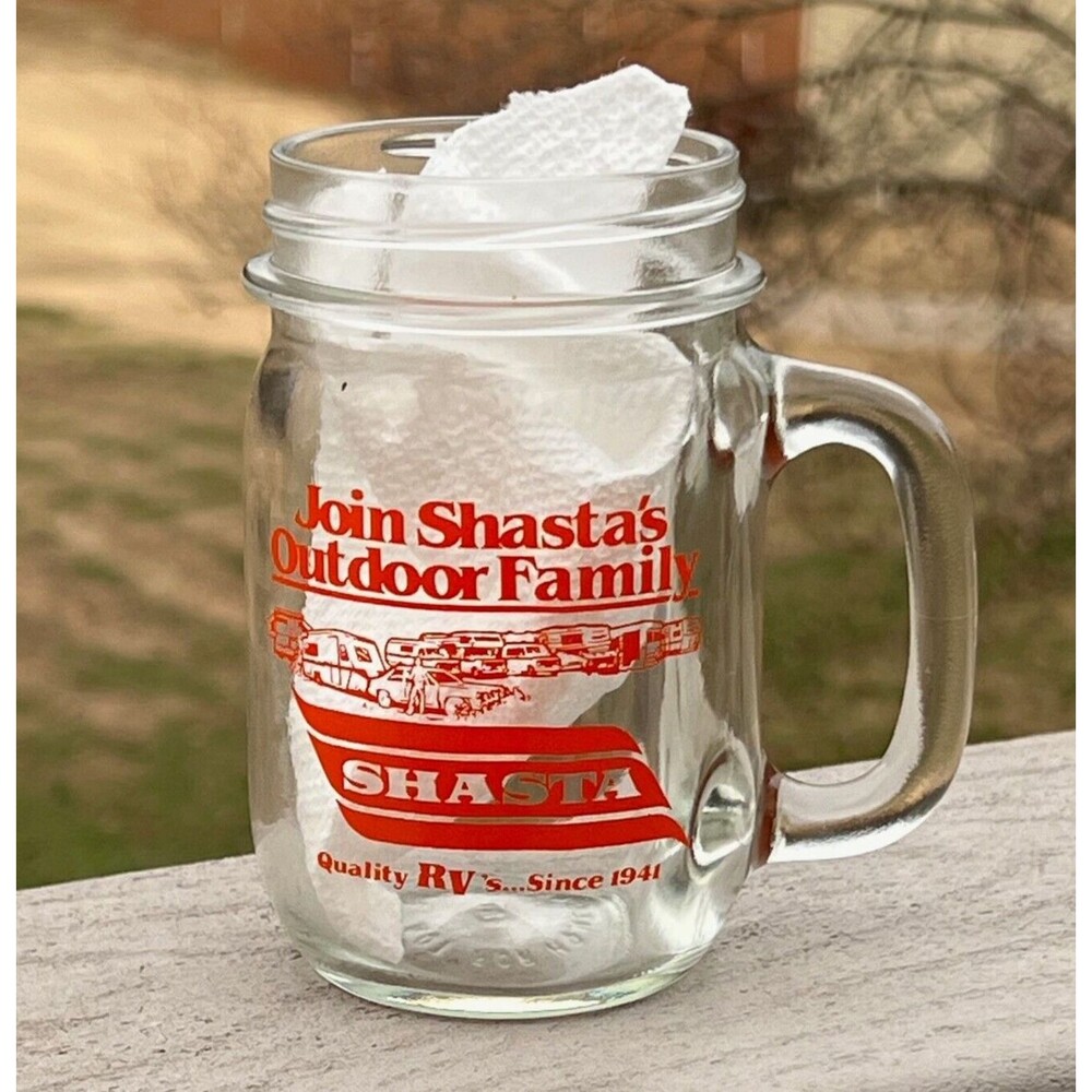 Shasta Camper RV Drinking Glass Join Shasta's Outdoor Family Jar With Handle